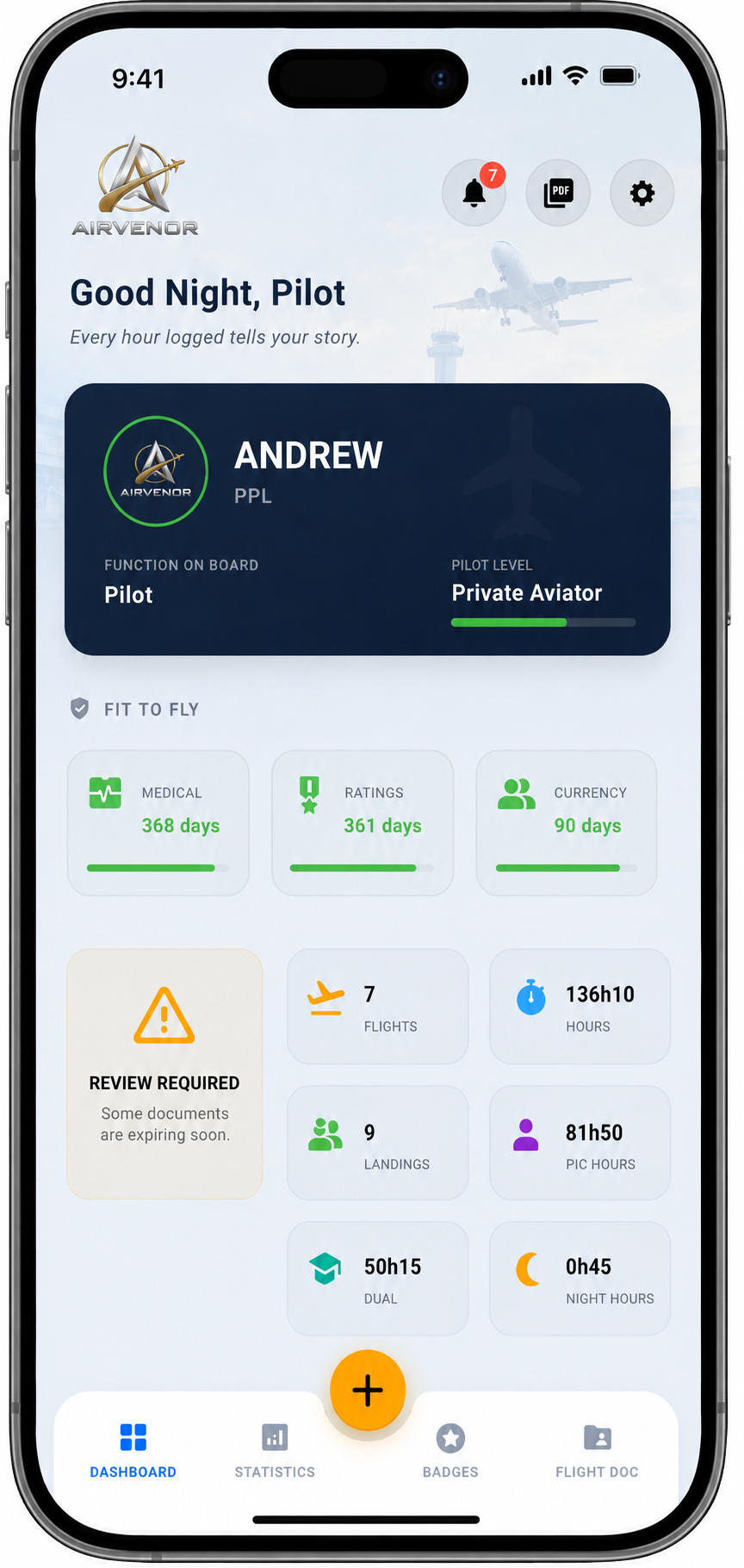 AIRVENOR Pilot Logbook dashboard showing flight records and aviation statistics