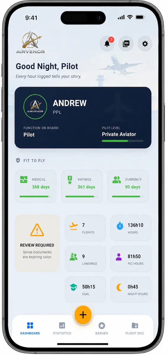 AIRVENOR Pilot Logbook dashboard